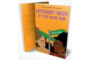 Picture of book different sides of the same coin on a grey background.
